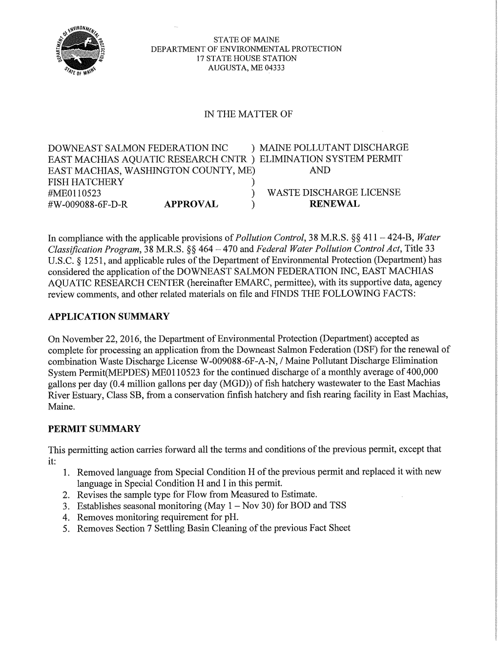 Downeast Salmon Federation Inc., ME0110523, Draft Permit