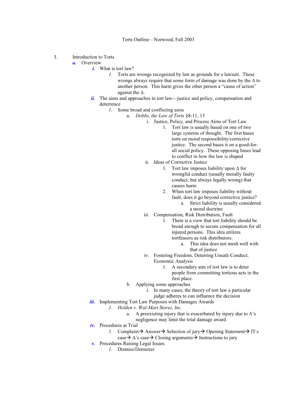 Torts Outline Norwood, Fall 2003