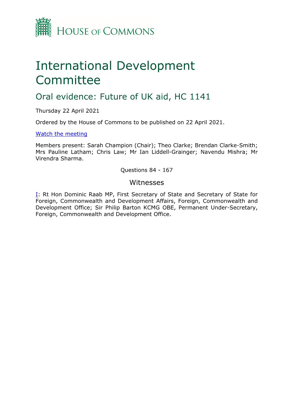 International Development Committee Oral Evidence: Future of UK Aid, HC 1141