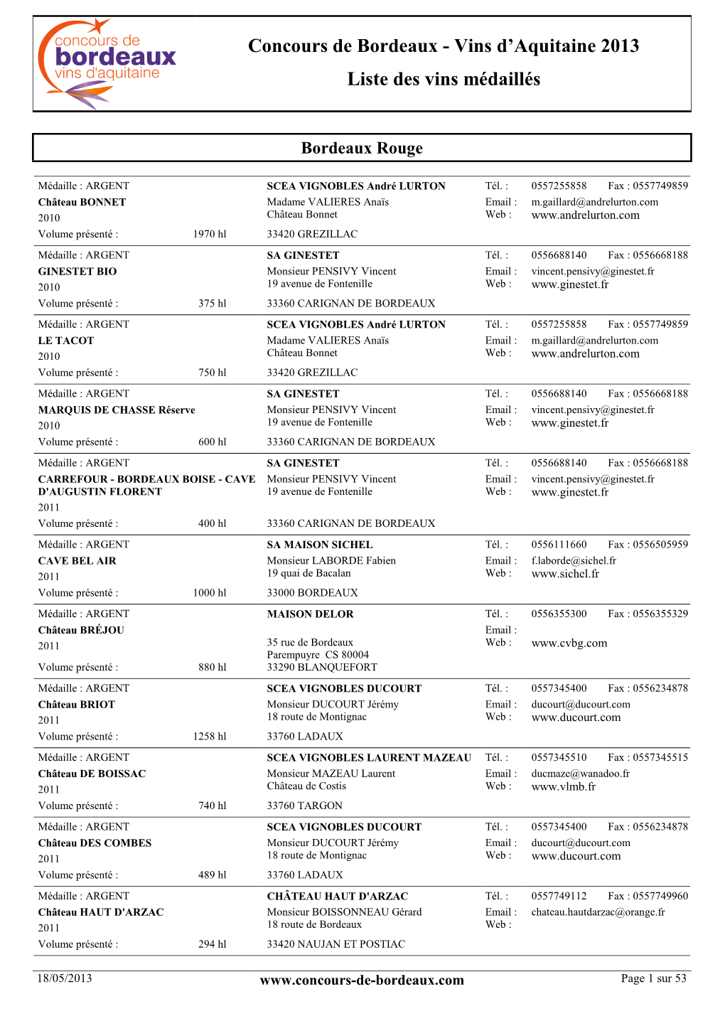 Vins D'aquitaine 2013 Liste Des Vins