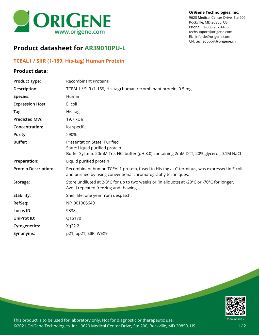 TCEAL1 / SIIR (1-159, His-Tag) Human Protein – AR39010PU-L