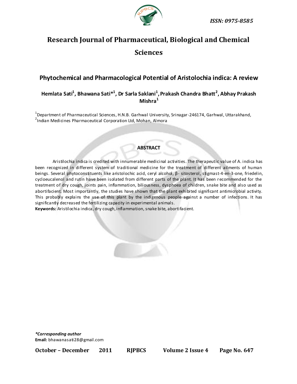 Research Journal of Pharmaceutical, Biological and Chemical Sciences