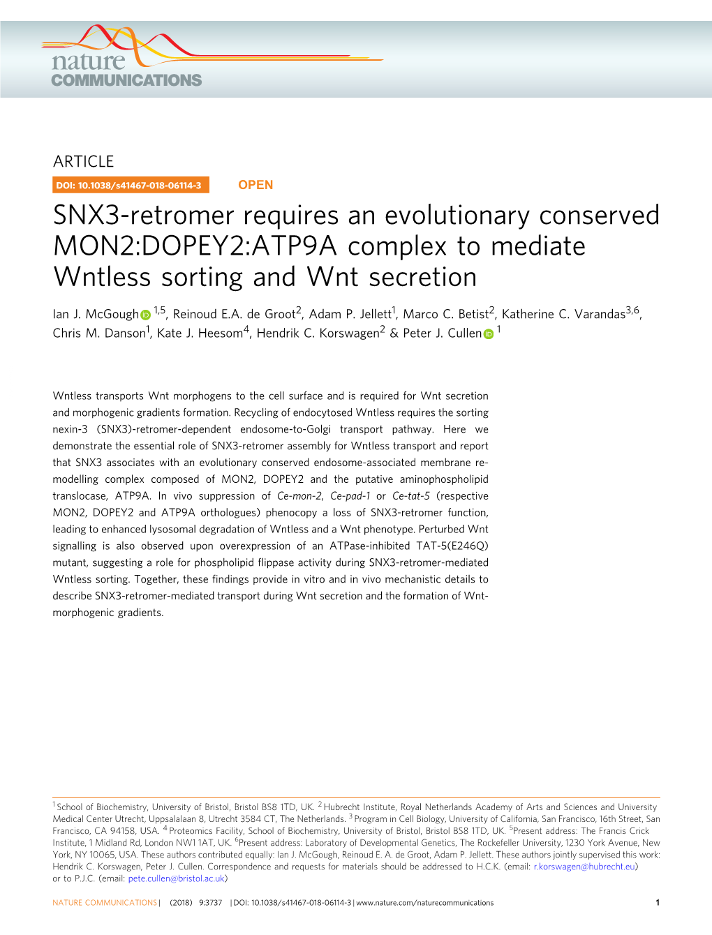 SNX3-Retromer Requires an Evolutionary Conserved MON2:DOPEY2:ATP9A Complex to Mediate Wntless Sorting and Wnt Secretion