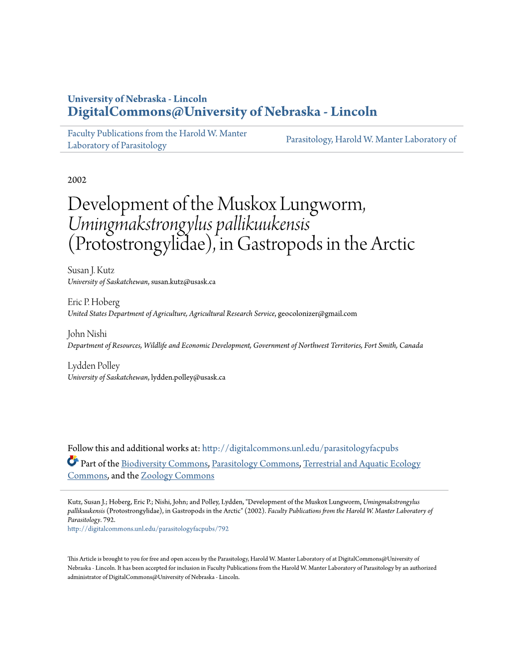 (Protostrongylidae), in Gastropods in the Arctic Susan J