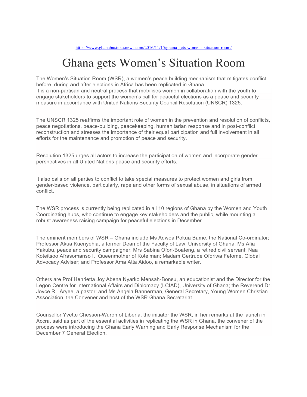 Ghana Gets Women's Situation Room