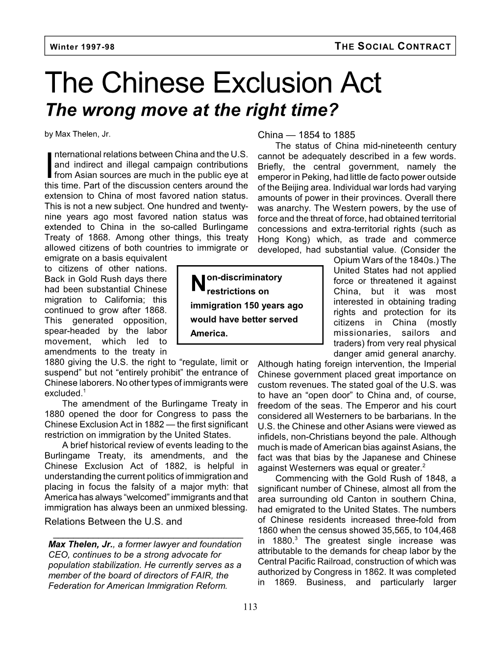 The Chinese Exclusion Act the Wrong Move at the Right Time? by Max Thelen, Jr