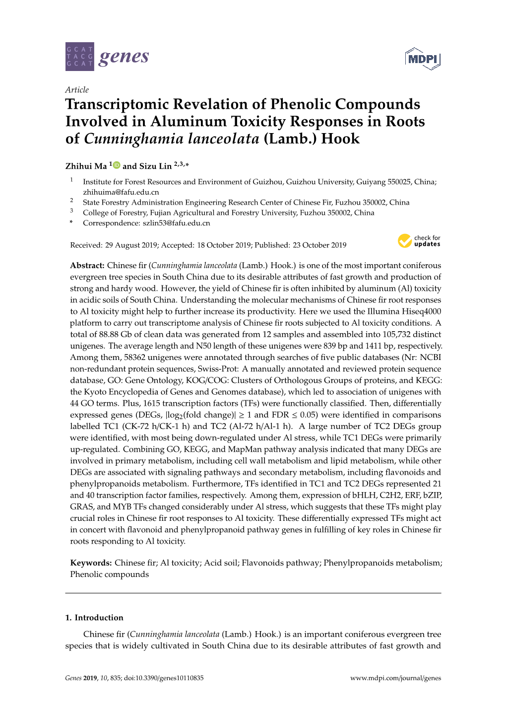 Transcriptomic Revelation of Phenolic Compounds Involved in Aluminum Toxicity Responses in Roots of Cunninghamia Lanceolata (Lamb.) Hook