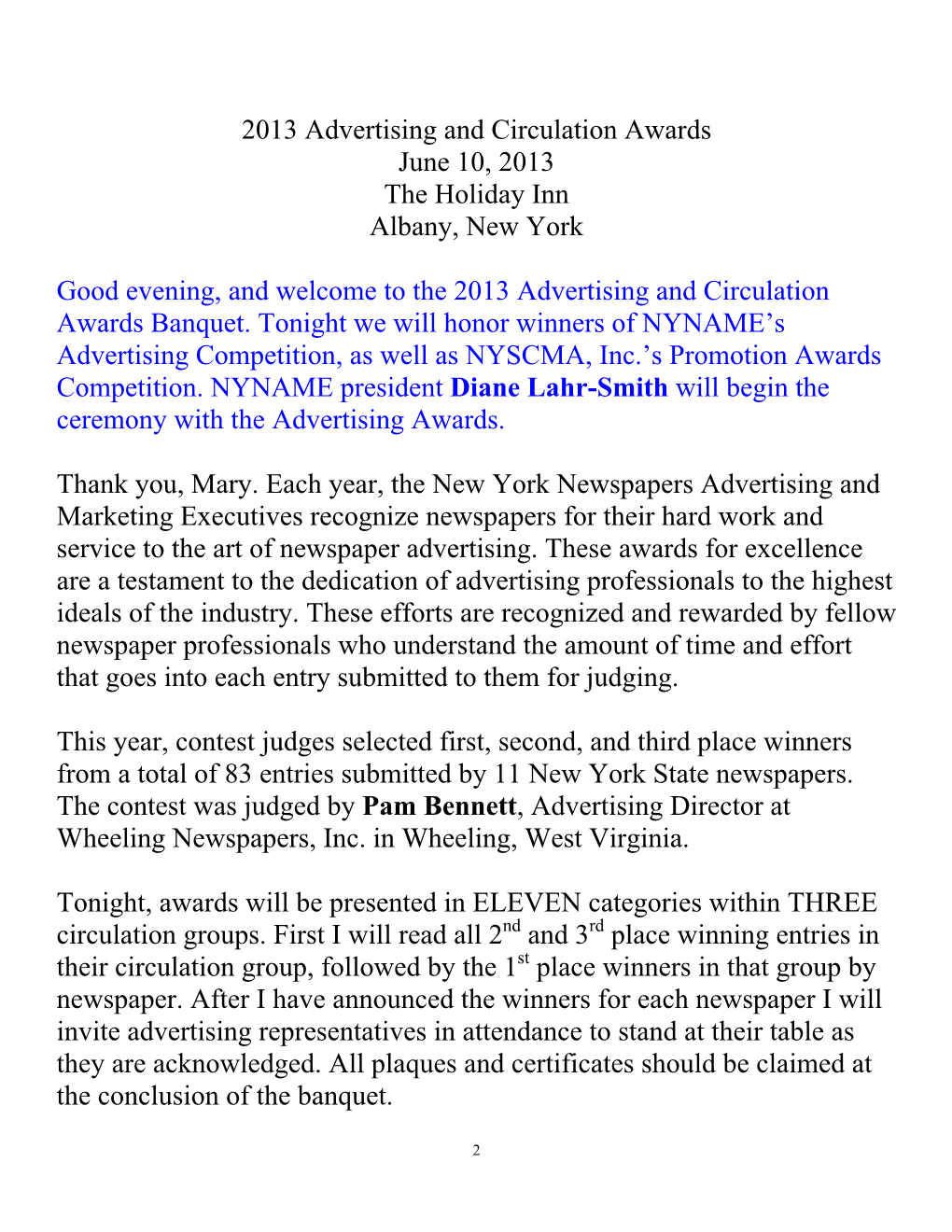 2013 Advertising and Circulation Awards June 10, 2013 the Holiday Inn Albany, New York