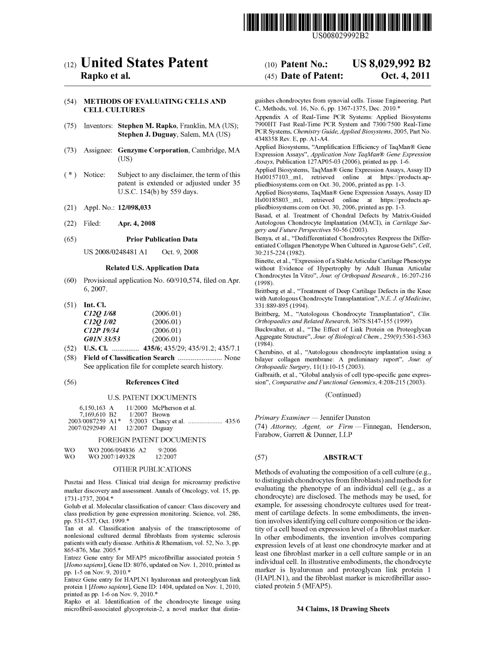 (12) United States Patent (10) Patent No.: US 8,029,992 B2 Rapko Et Al