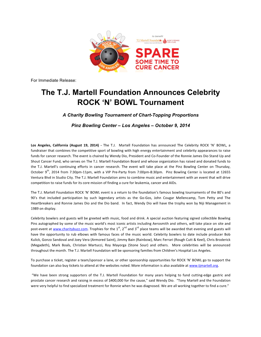 The T.J. Martell Foundation Announces Celebrity ROCK 'N' BOWL Tournament