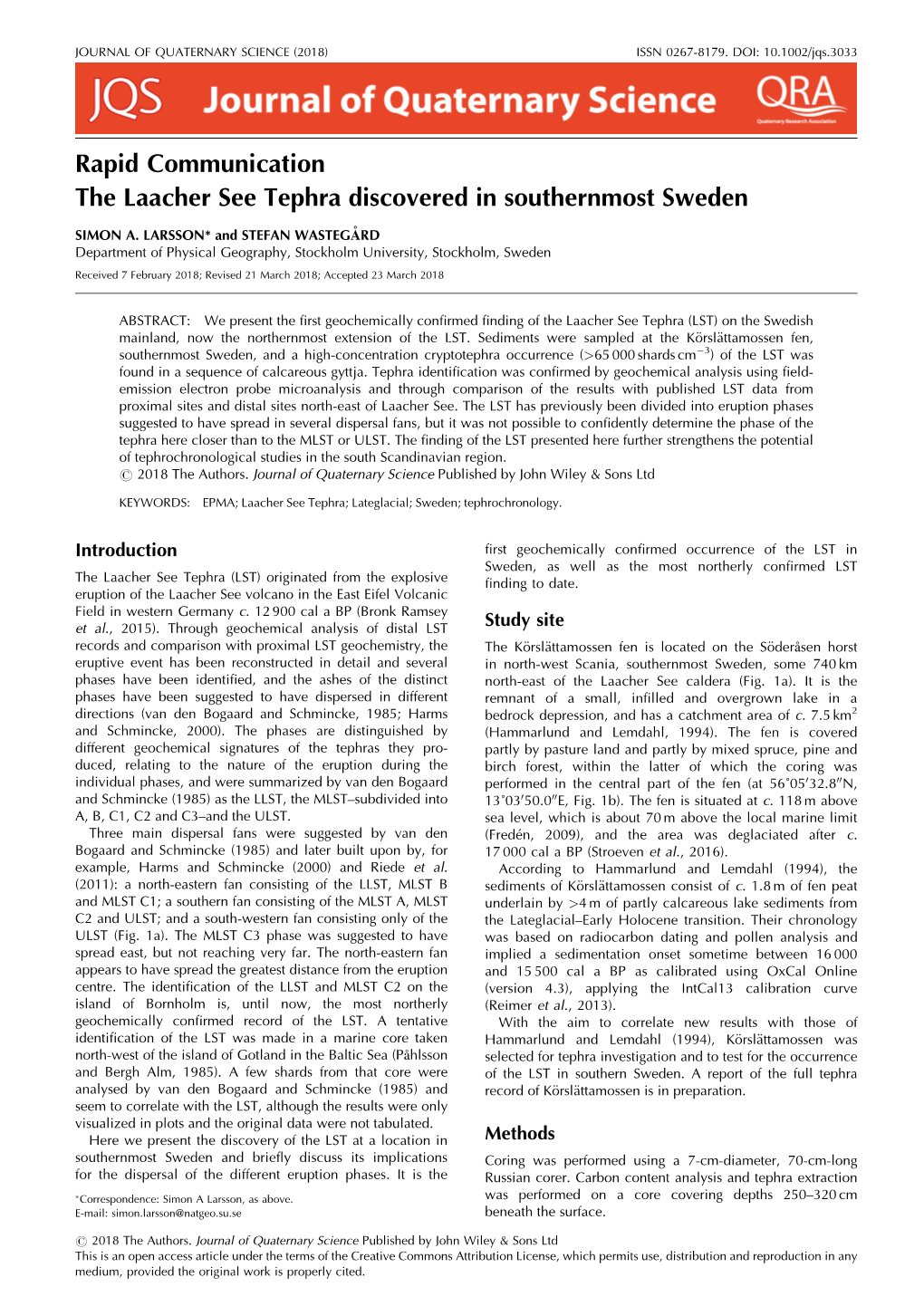 The Laacher See Tephra Discovered in Southernmost Sweden