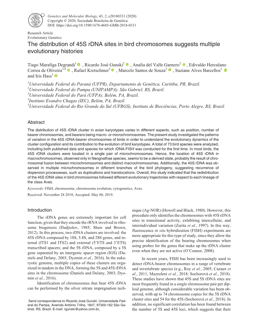 The Distribution of 45S Rdna Sites in Bird Chromosomes Suggests Multiple Evolutionary Histories