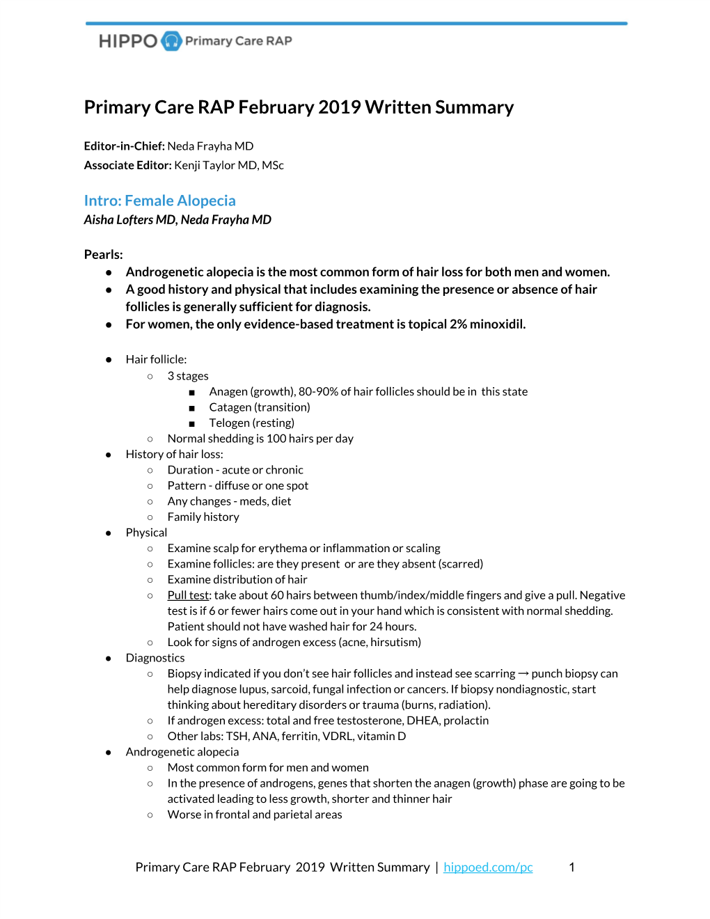 Primary Care RAP February 2019 Written Summary