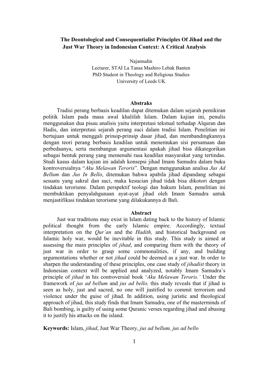 The Deontological and Consequentialist Principles of Jihad and the Just War Theory in Indonesian Context: a Critical Analysis