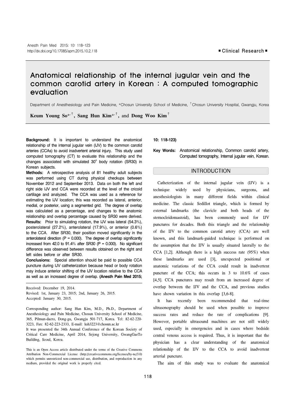 Anatomical Relationship of the Internal Jugular Vein and the Common Carotid Artery in Korean : a Computed Tomographic Evaluation