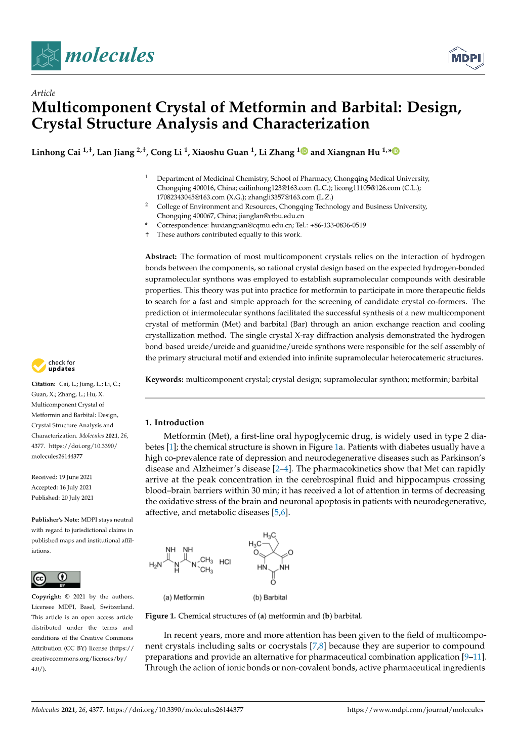 Multicomponent Crystal of Metformin and Barbital: Design, Crystal Structure Analysis and Characterization