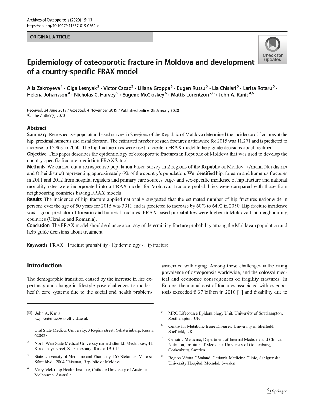 Epidemiology of Osteoporotic Fracture in Moldova and Development of a Country-Specific FRAX Model