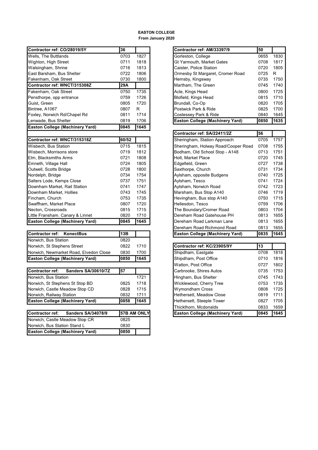 Easton College Bus Timetable