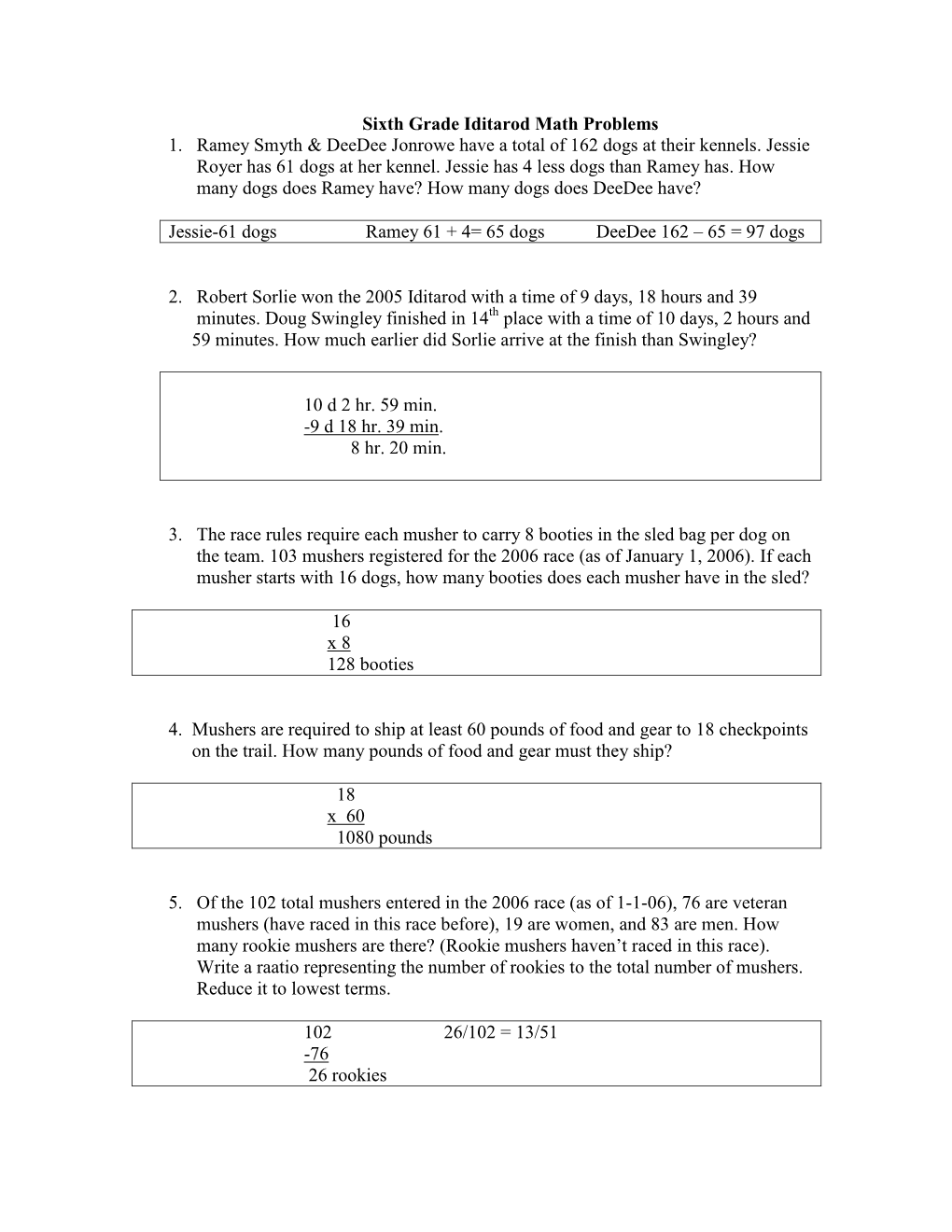 Sixth Grade Iditarod Math Problems 1