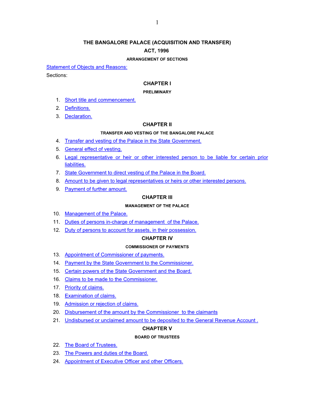 THE BANGALORE PALACE (ACQUISITION and TRANSFER) ACT, 1996 ARRANGEMENT of SECTIONS Statement of Objects and Reasons: Sections: CHAPTER I PRELIMINARY 1