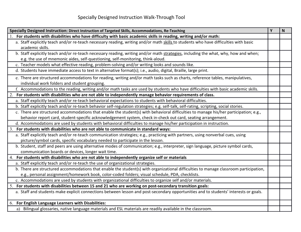 Specially Designed Instruction Walk-Through Tool