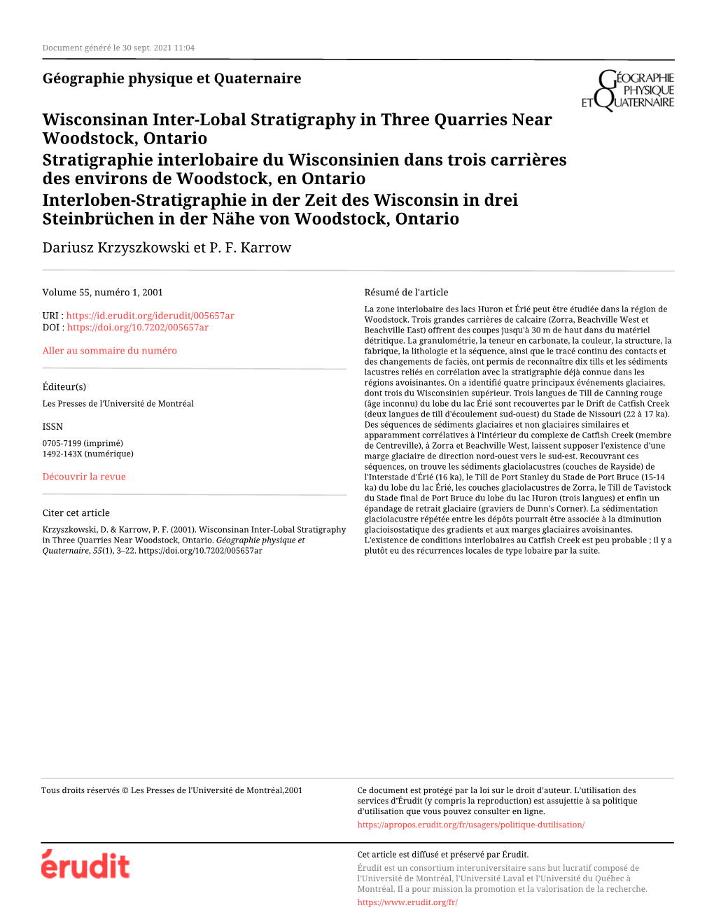 Wisconsinan Inter-Lobal Stratigraphy in Three Quarries Near Woodstock