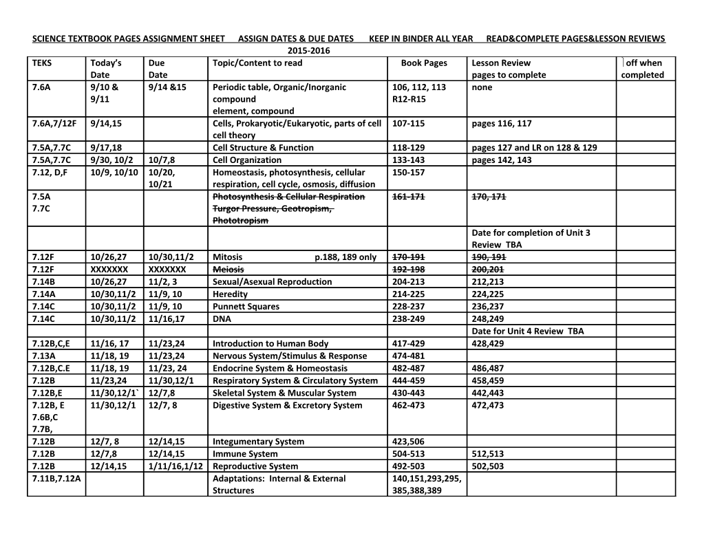Science Textbook Pages Assignment Sheet Assign Dates & Due Dates Keep in Binder All Year
