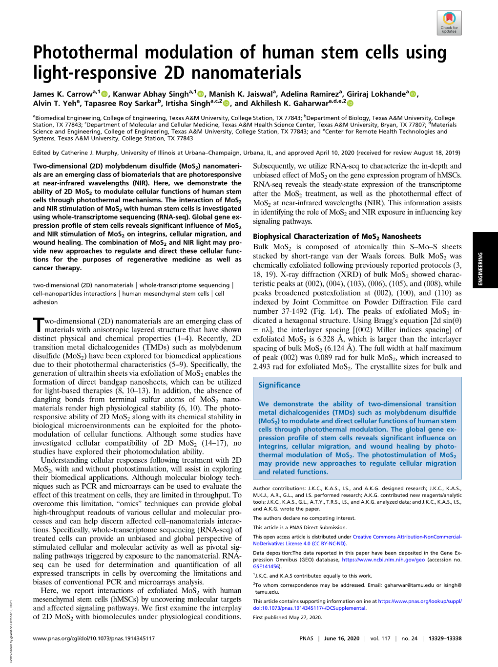 Photothermal Modulation of Human Stem Cells Using Light-Responsive 2D Nanomaterials