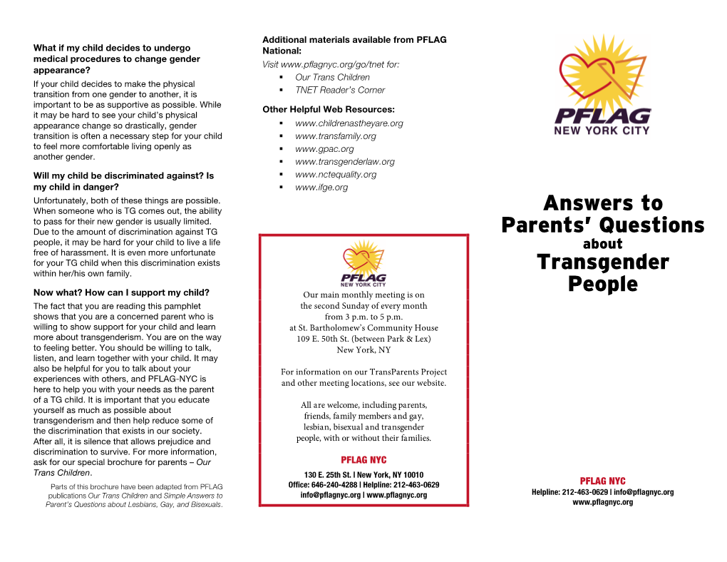 Answers to Parents' Questions Transgender People