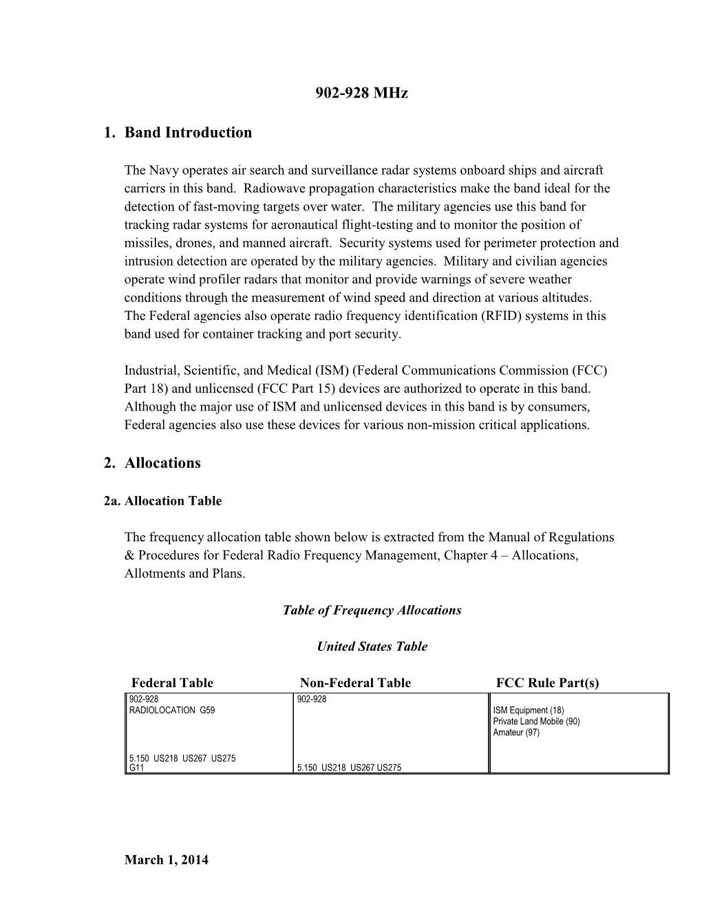 902-928 Mhz 1. Band Introduction 2. Allocations