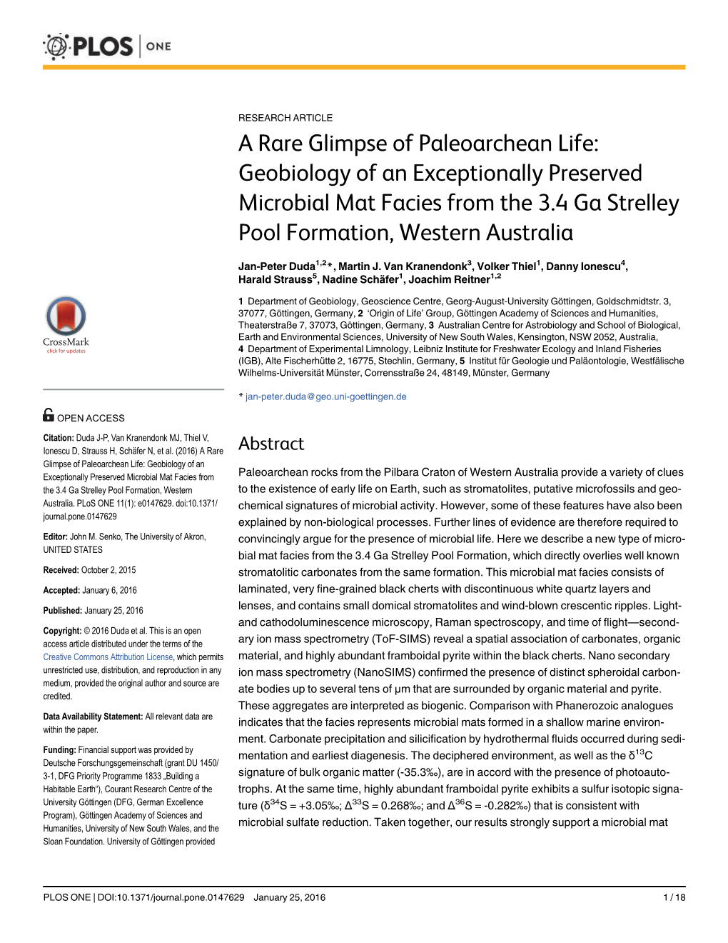 A Rare Glimpse of Paleoarchean Life: Geobiology of an Exceptionally Preserved Microbial Mat Facies from the 3.4 Ga Strelley Pool Formation, Western Australia