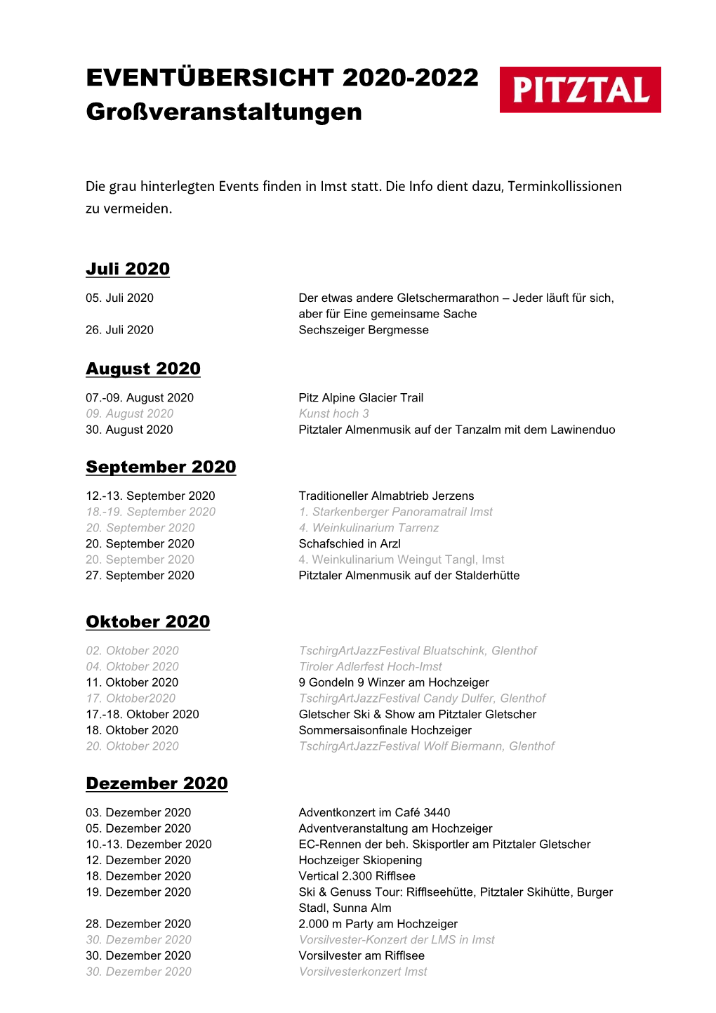 EVENTÜBERSICHT 2020-2022 Großveranstaltungen