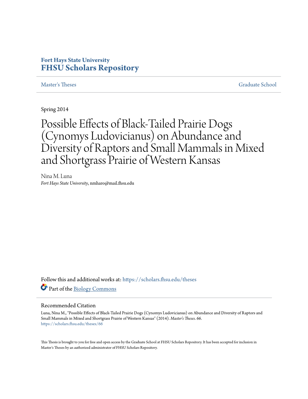 Possible Effects of Black-Tailed Prairie Dogs