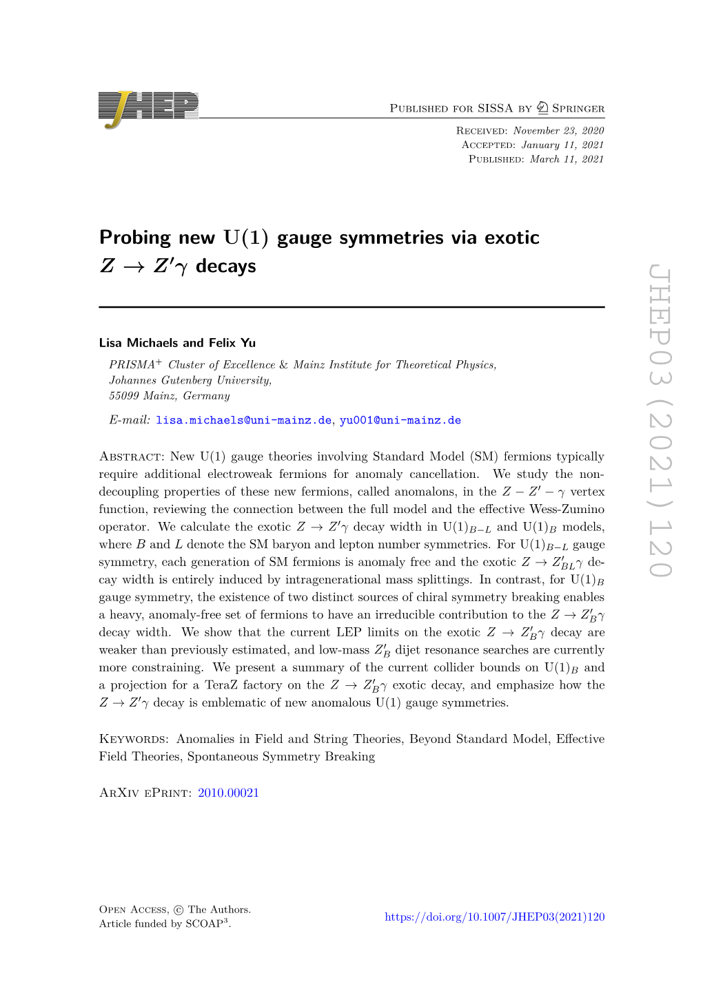 Probing New U (1) Gauge Symmetries Via Exotic Z→ Z Γ Decays