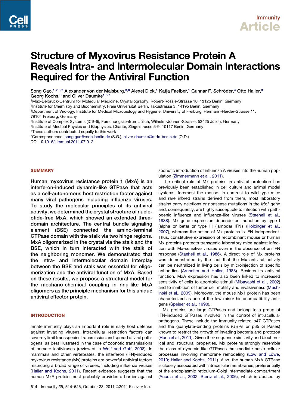 Structure of Myxovirus Resistance Protein a Reveals Intra- and Intermolecular Domain Interactions Required for the Antiviral Function