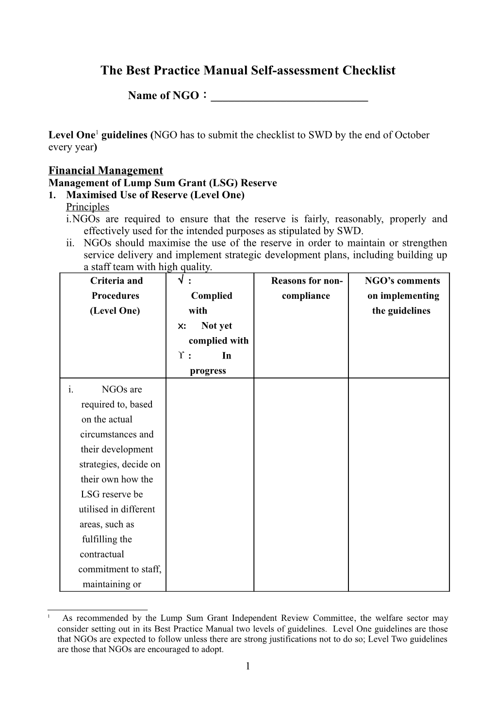 The Best Practice Manual Self-Assessment Checklist