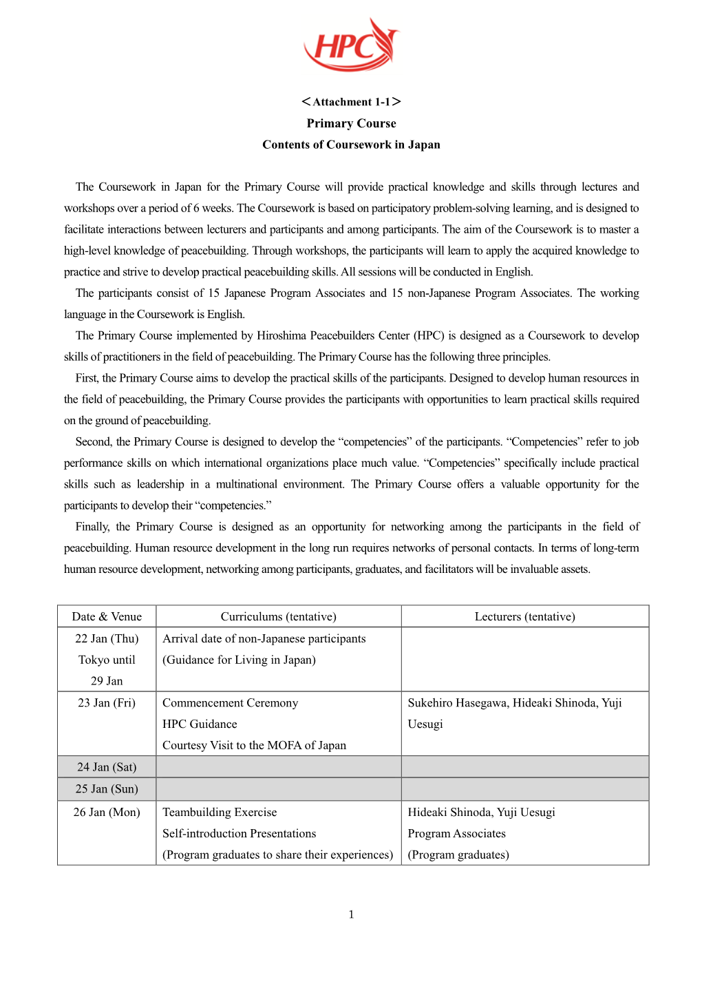 Primary Course Contents of Coursework in Japan