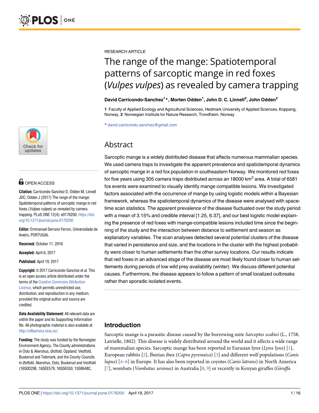 Spatiotemporal Patterns of Sarcoptic Mange in Red Foxes (Vulpes Vulpes) As Revealed by Camera Trapping