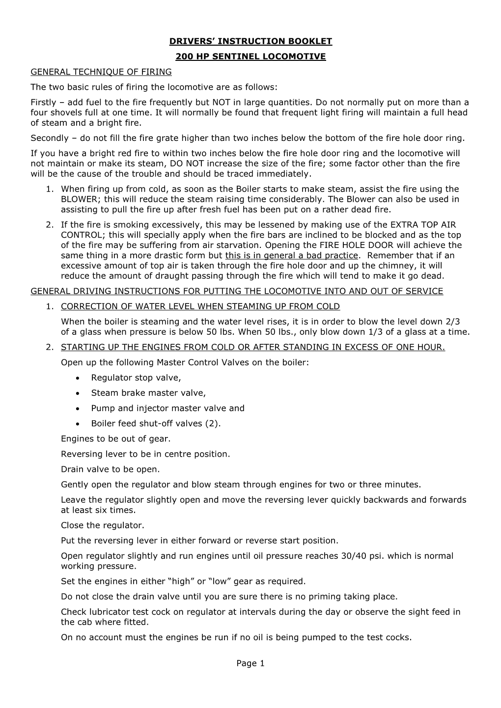 Drivers' Instruction Booklet 200 Hp Sentinel Locomotive