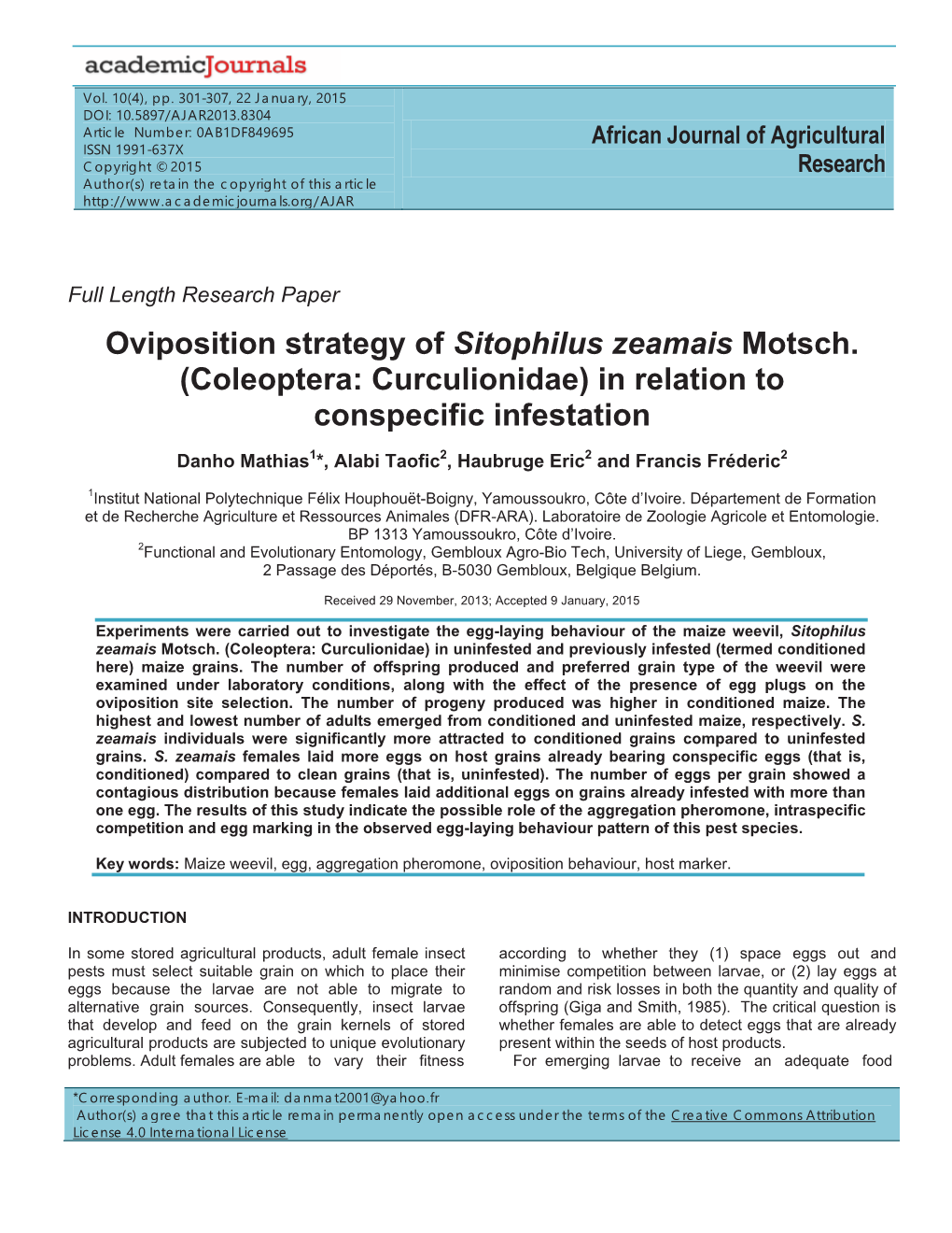 Oviposition Strategy of Sitophilus Zeamais Motsch. (Coleoptera: Curculionidae) in Relation to Conspecific Infestation