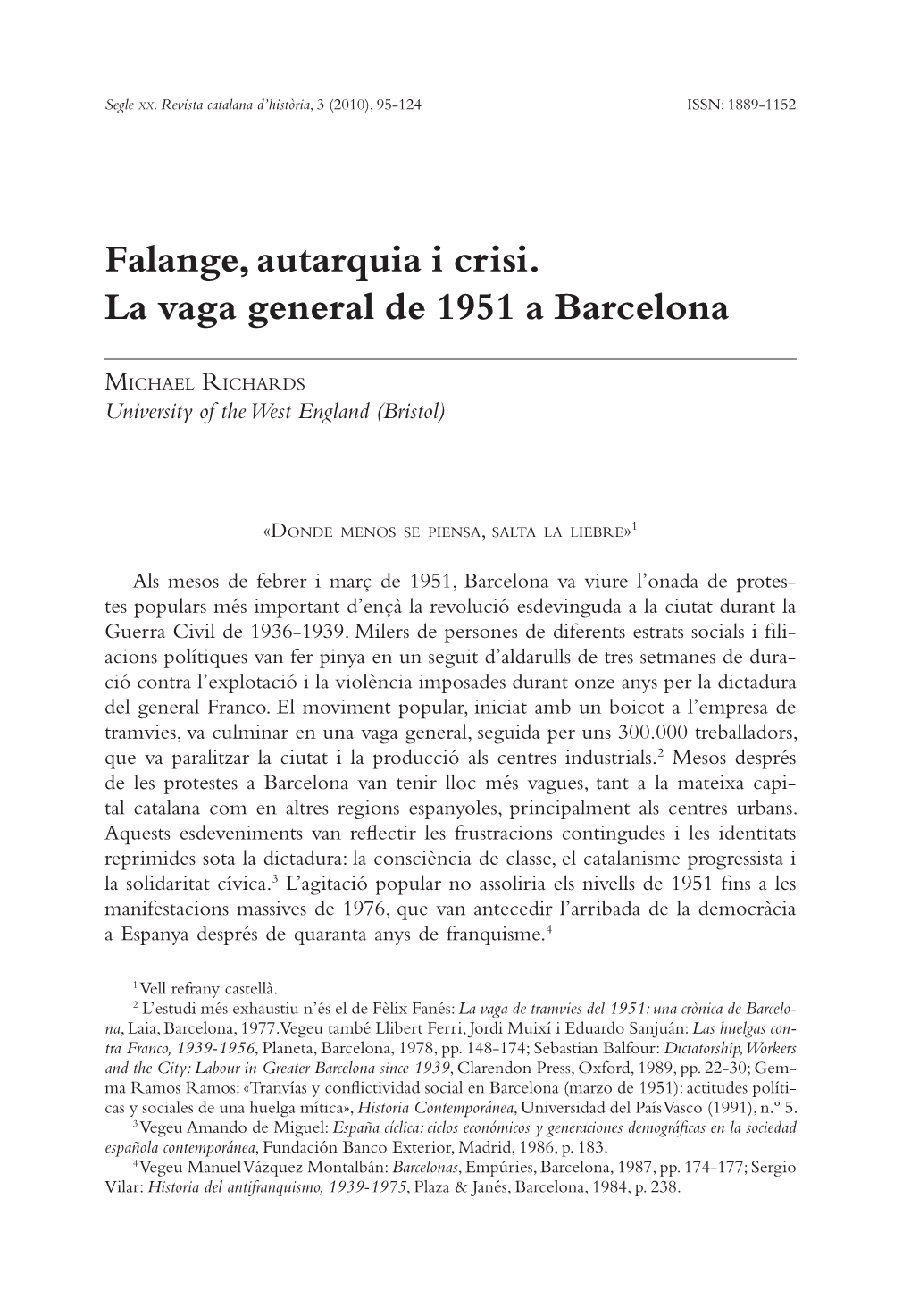 Falange, Autarquia I Crisi. La Vaga General De 1951 a Barcelona