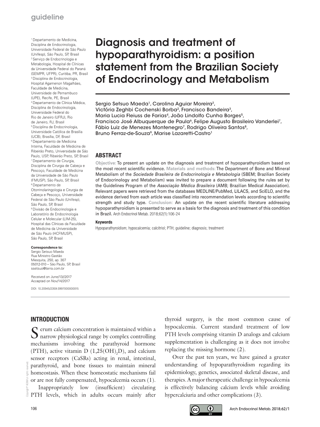 Diagnosis and Treatment of Hypoparathyroidism: a Position Statement from the Brazilian Society of Endocrinology and Metabolism