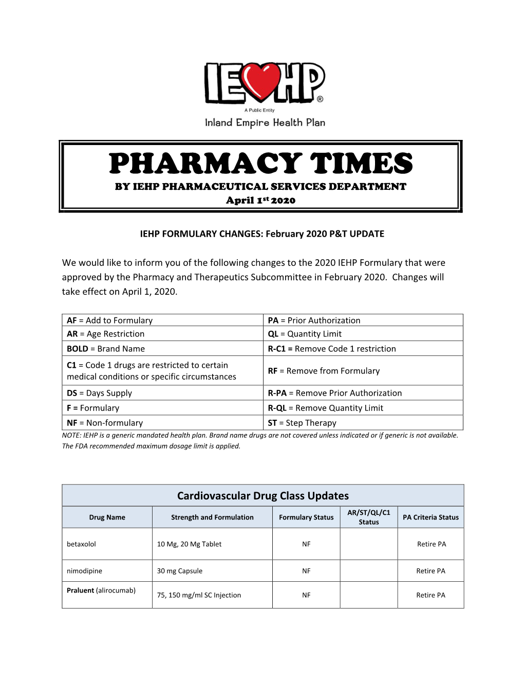 PHARMACY TIMES by IEHP PHARMACEUTICAL SERVICES DEPARTMENT April 1St 2020