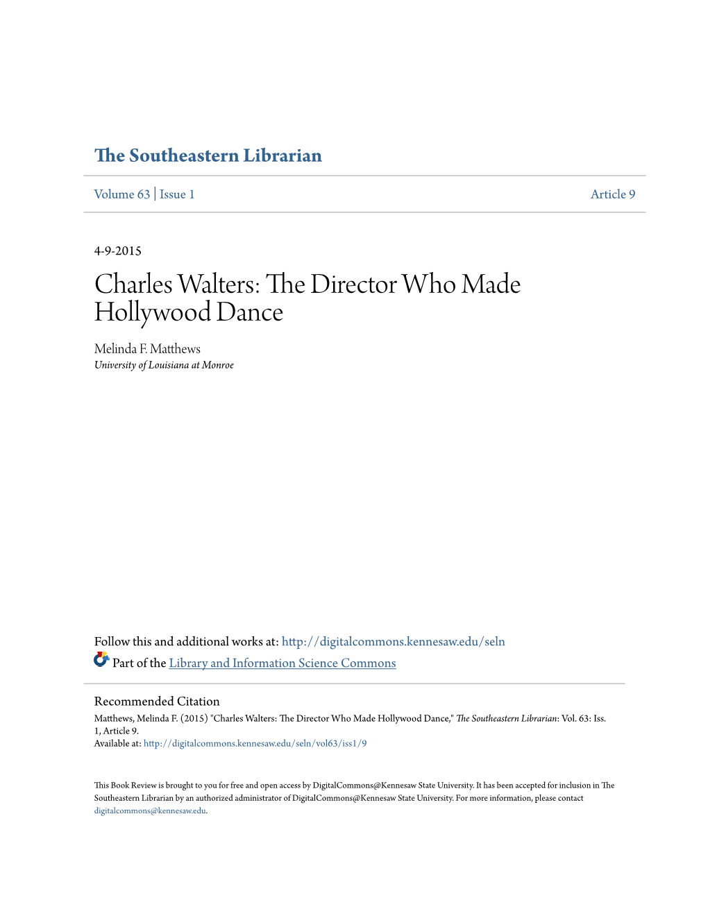 Charles Walters: the Director Who Made Hollywood Dance Melinda F