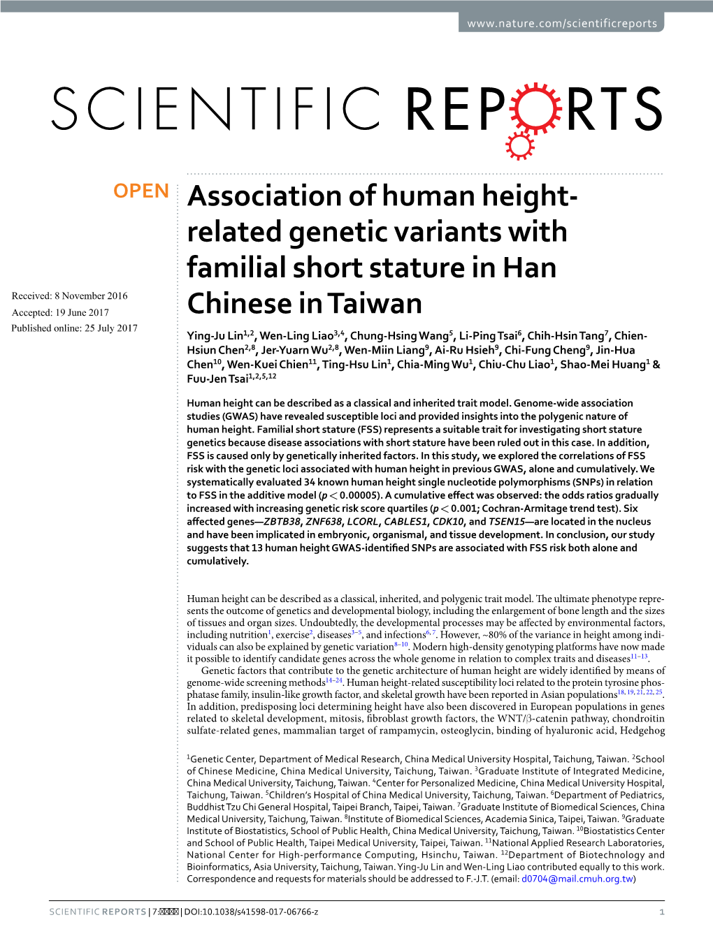 Association of Human Height-Related Genetic Variants with Familial Short