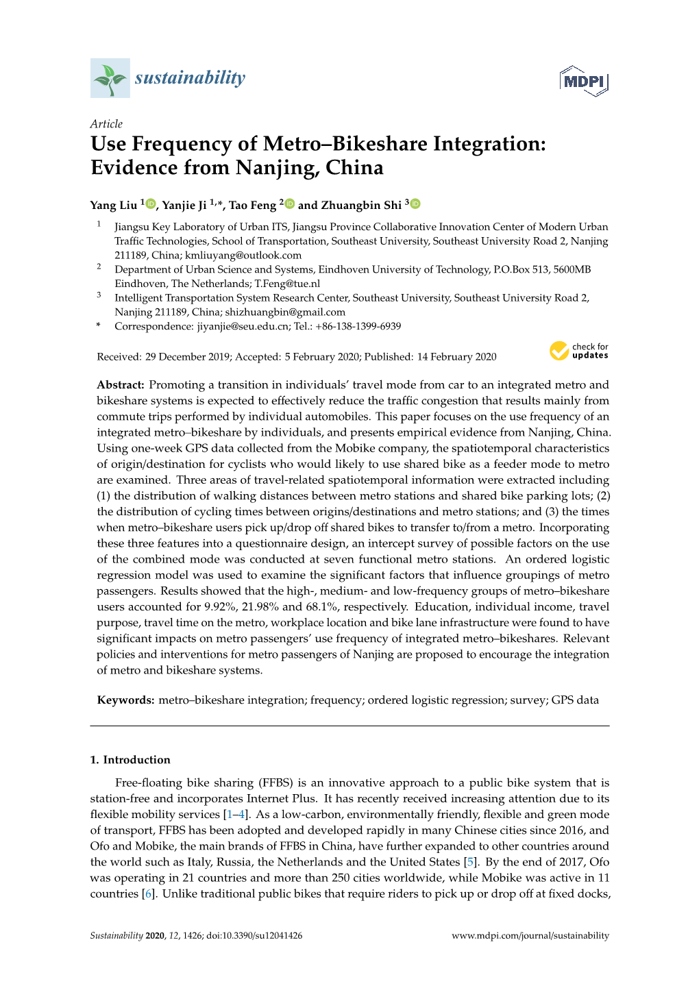 Use Frequency of Metro–Bikeshare Integration: Evidence from Nanjing, China