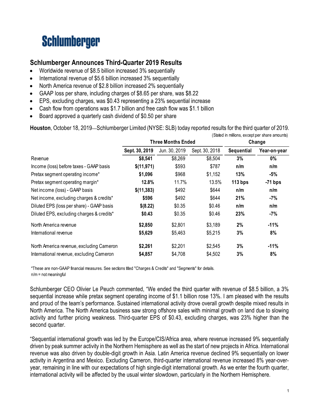 Schlumberger Announces Third-Quarter 2019 Results