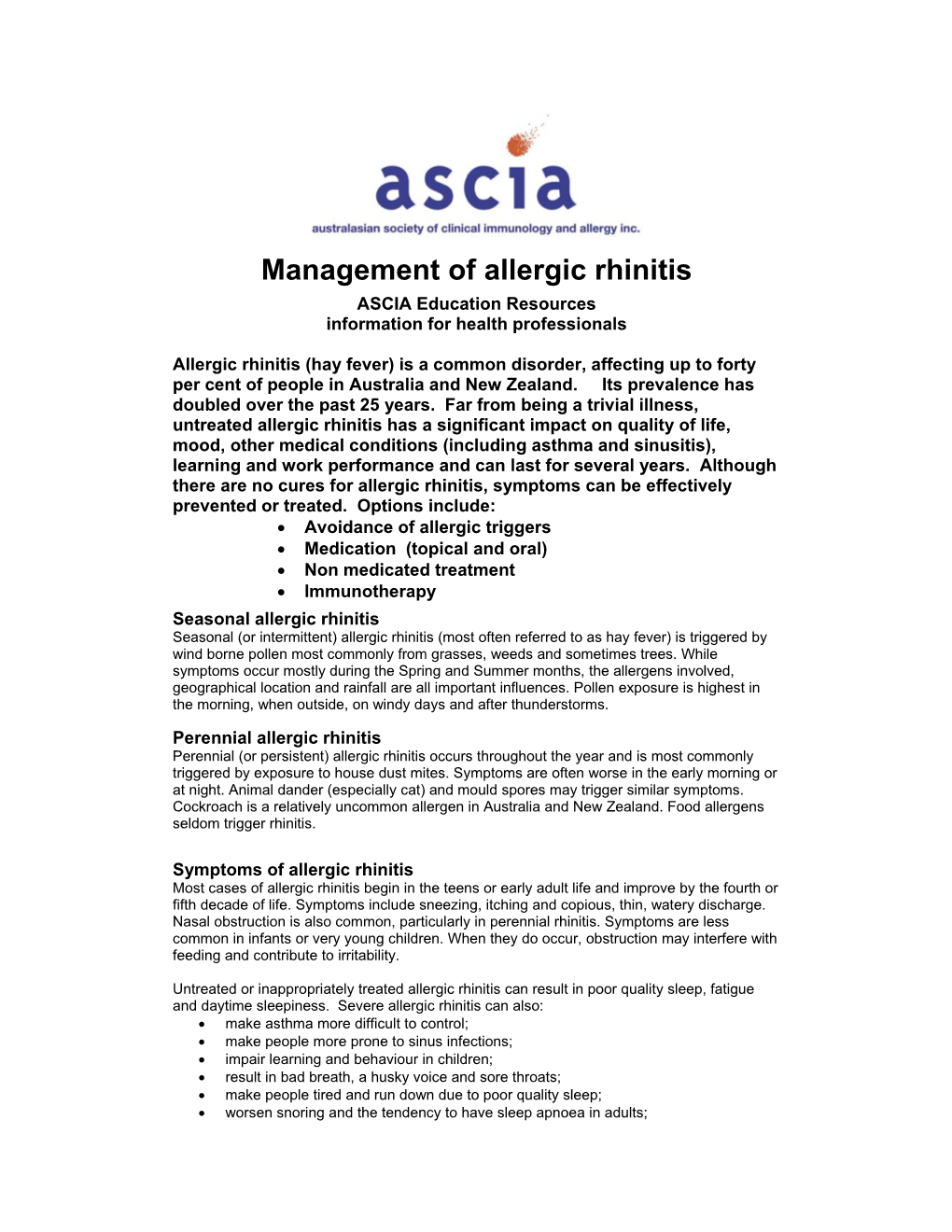 Management of Allergic Rhinitis ASCIA Education Resources Information for Health Professionals