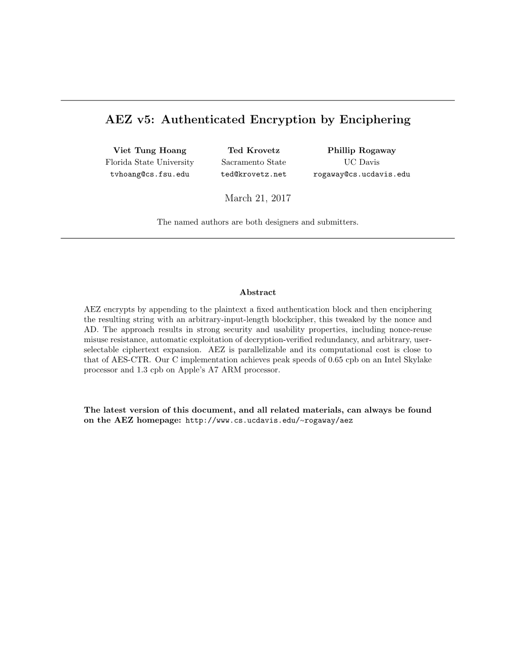 AEZ V5: Authenticated Encryption by Enciphering