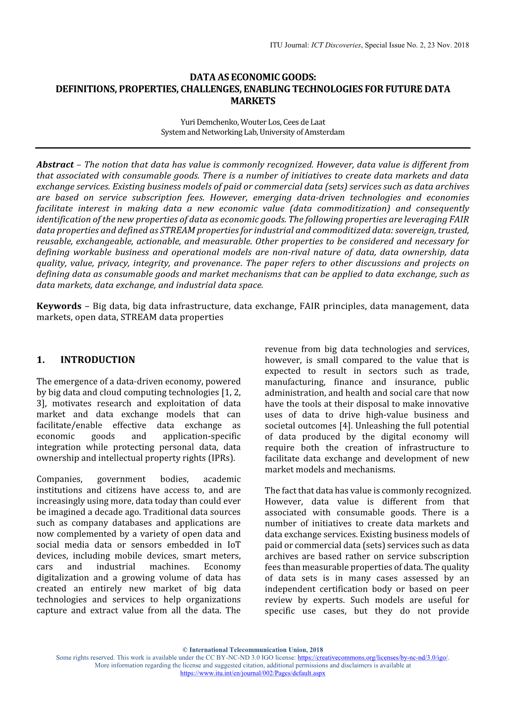 Data As Economic Goods: Definitions, Properties, Challenges, Enabling Technologies for Future Data Markets